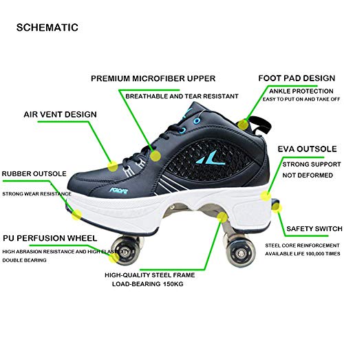 ZYQDRZ Tênis de polia ajustável com quatro rodas, sapatos multifuncionais dois-em-um, tênis de rolo