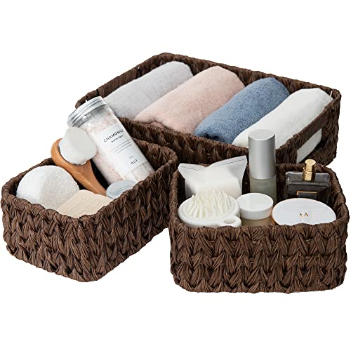 GRANNY SAYS Wicker Baskets for Organizing, Nesting Storage Baskets for Shelves, 1 Large and 2 Small Wicker Baskets Waterproof, Dark Brown, 3-Pack