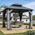 8.5x8.5FT Wood Gazebo,Outdoor Wooden Hardtop Gazebo with Galvanized Steel Doule Roof,Cedar Wood Frame Gazebos with Netting &Curtainfor Patio Backyard Deck