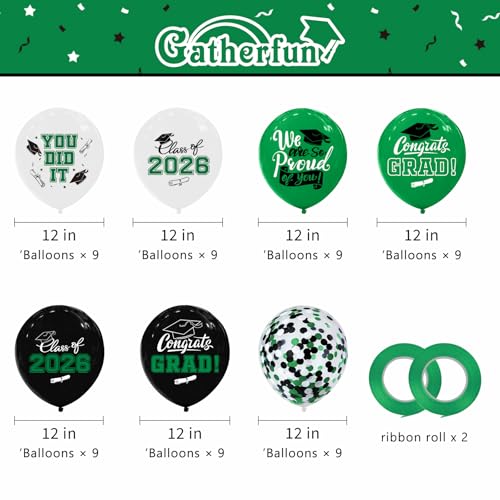 2026 Green & Black Graduation Decorations Set - 63Pcs Graduation Grad Latex Balloons with Ribbons, Congrats Grad Caps for College & High School Party Supplies by Gatherfun - Used condition - Image 2