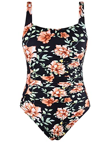 Firpearl Women's One Piece Bathing Suits Ruched Tummy Control Plus Size Swimwear 14 Black&Orange Floral-2 #TOP1