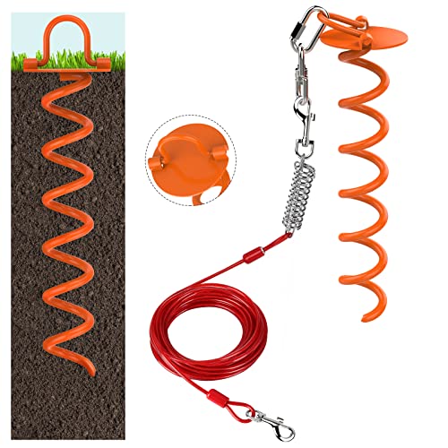 Vavopaw Dog Tie Out Cable And Stake, 360° Swivel Dog Tie Out Stake Spiral Ground Anchor, 33Ft Dog Chains Stake For Dogs Outside, Outdoor, Camping, Park, Yard Garden, Red+Orange #TOP10