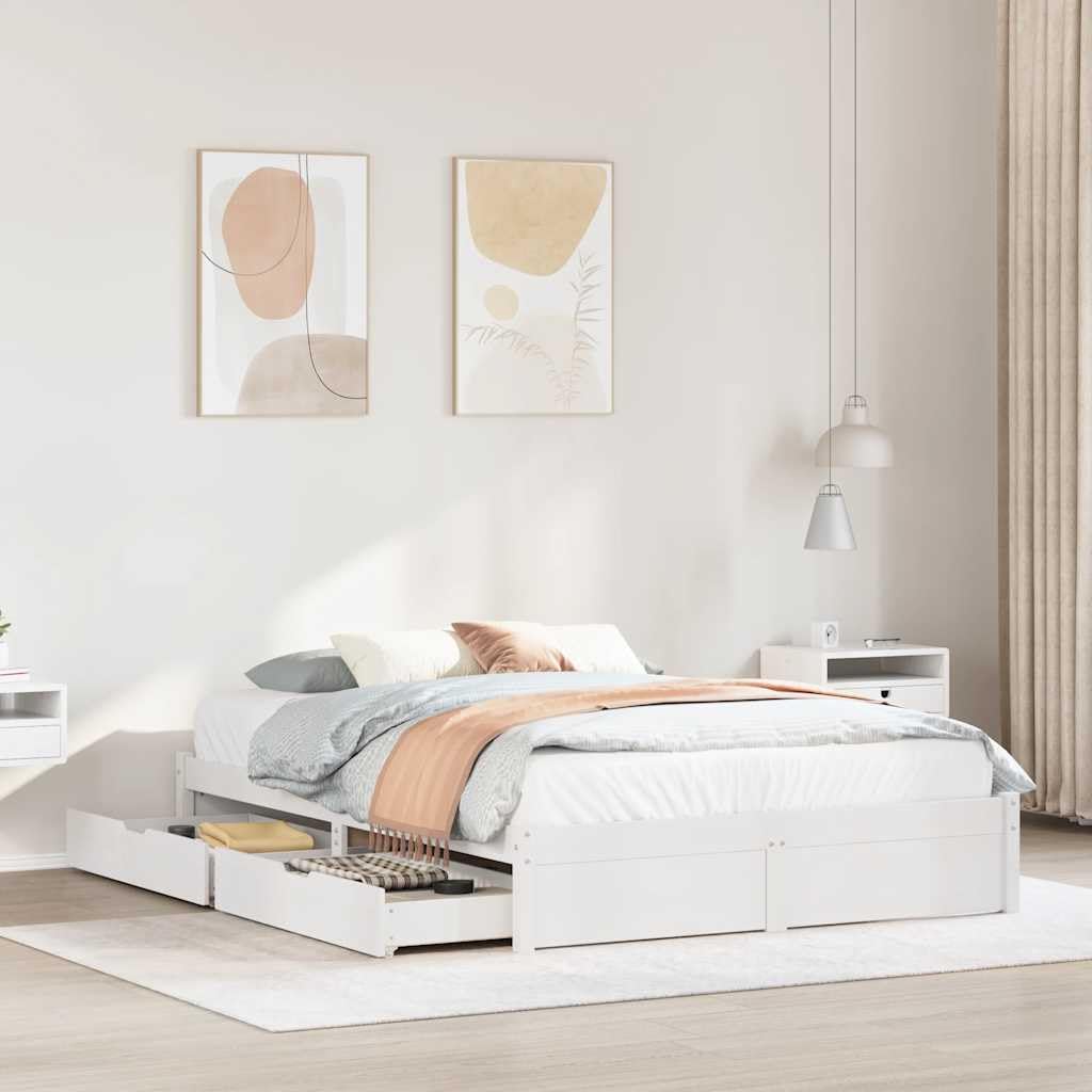 vidaXL Massivholzbett, Holzbett Bett mit Schubladen, Bettgestell Bettrahmen mit Lattenrost, Doppelbett für Schlafzimmer, Weiß 120x200cm Kiefer