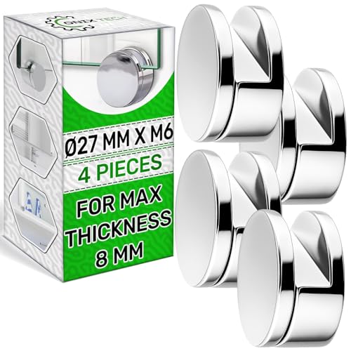 4 Pezzi Reggi Specchio Ø27 mm x M6 per Spessore Massimo 8 mm - Realizzato in Lega di Zinco e Alluminio - Supporto Specchio da Parete con Rivestimento Cromato - Garanzia di 5 Anni - ONIX TECH