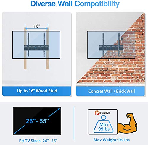 Tilting Tv Wall Mount Bracket Low Profile For 26-55 Inch Led, Lcd, Oled, 4K Flat Curved Screen Tvs, Fits 16 Inch Studs Vesa 400X400Mm Supports Up To 99Lbs By Pipishell #TOP4