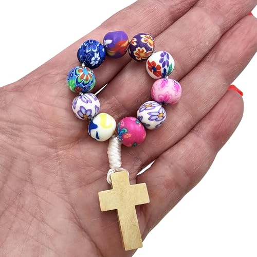 TALISMAN4U Dozen 12 pcs Multi Color Polymer Clay Beads Catholic Finger Rosary Ring with Cross Holy Land Religious Gift4