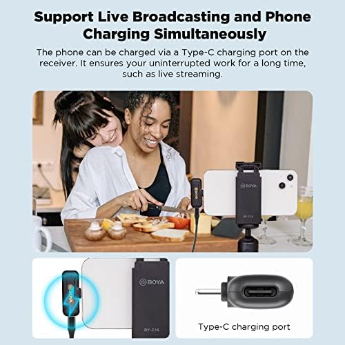 BOYA Wireless Lavalier Microphone for iPhone iPad, 2.4GHz Plug Play Lapel Clip-on Mic for Interview Video Podcast Vlog YouTube Recording (2TX+RX)