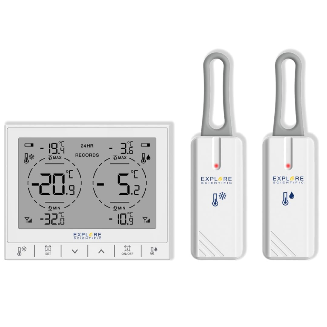 Explore SF2001 Termometro Digitale per Frigo e Freezer con 2 Sensori a Gancio, Allarme Alte/Basse Temperature, Memoria Storico 24h, Display LCD, Batterie Incluse, Bianco