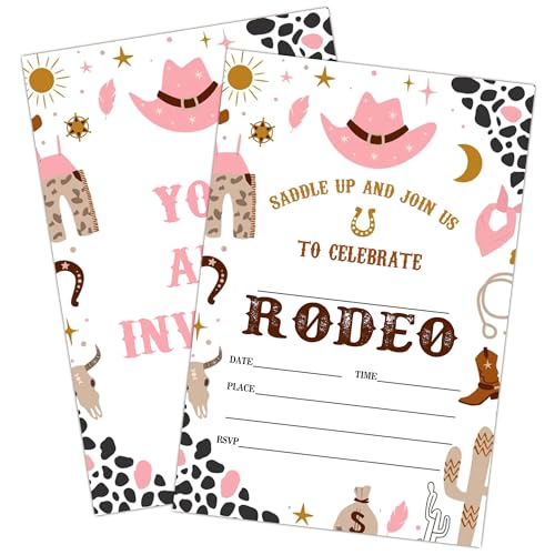 Invitation anniversaire cowgirl rose et western ranch pour fête de fille avec enveloppes x20