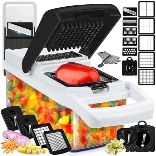 Hachoir à légumes et mandoline 25 en 1 - Hachoir alimentaire avec récipient et coupe-légumes - Coupe-légumes, coupe-légumes et trancheuse pour salade,...