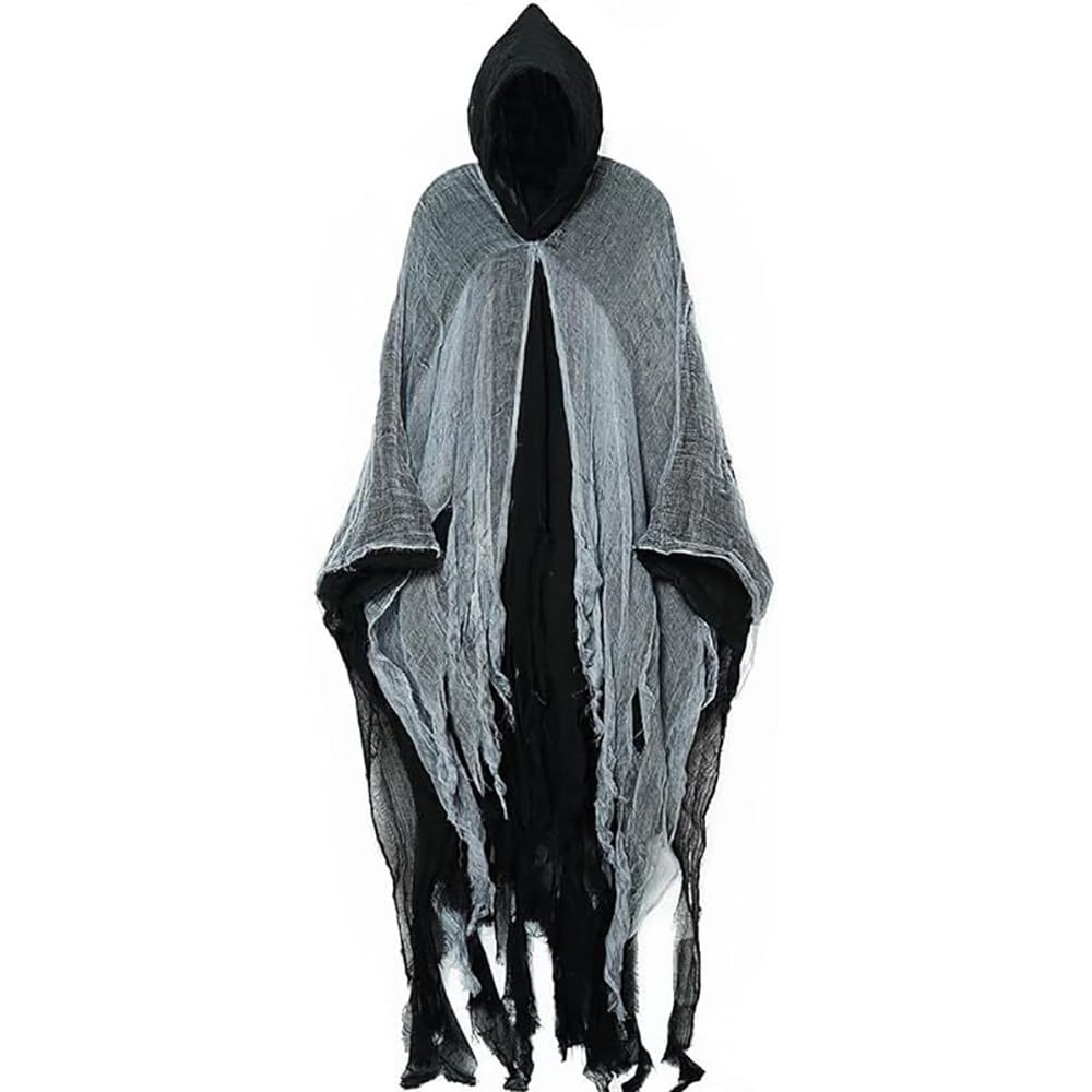 Scary Halloween Adult Costume, Retro Tattered Hooded Cloak for Men and Women, Horror Cape with Hood for Halloween Party Zombie Ghost Wizard Grim-Reaper Cosplay Black