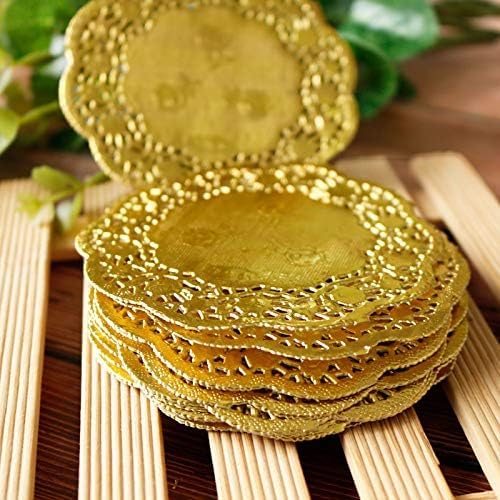 4.5 Inch Gold Paper Doilies - 100 Round Placemats, Lace Decorative Doily for Dining Table, Cake, Dessert, Crafts, Party, Wedding Tableware Decor