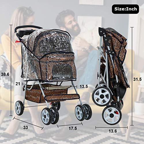 Pet Stroller Dog Cat Cage Stroller 4 Wheels W/RainCover,Leopard Skin