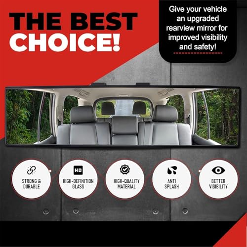Image of 12 Inch Panoramic Rear View Mirror with Convex Wide Angle Design - Clip on Interior Rearview Mirror Extender with Anti Glare HD Chrome Glass for Car SUV Truck Blind Spot Reduction