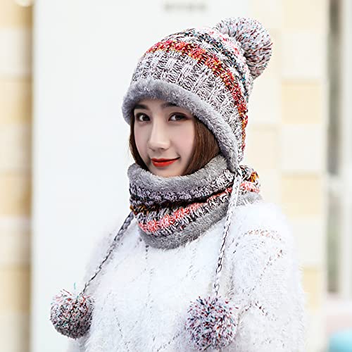 Women Girls Knitted Hat Scarf Set Winter Fleece Lined Beanie Hat Peruvian Cover Ears Skull Cap Ski Snow Hats With 3 Pompoms #TOP4