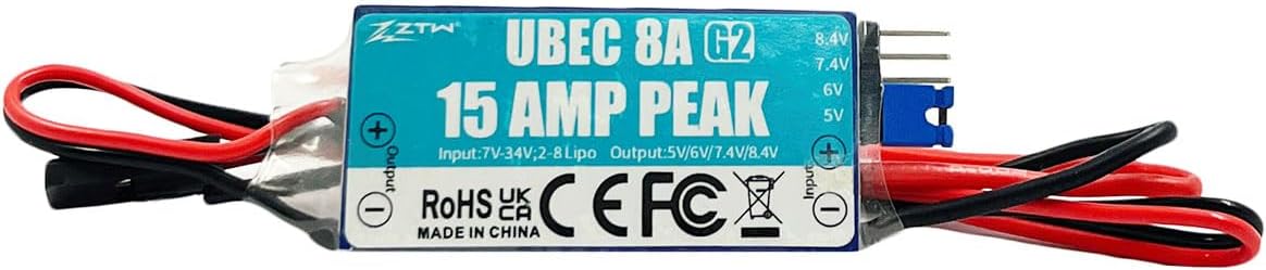 ZTW UBEC 8A G2 External BEC 2-8S LiPo (7-34V) 15A Peak Adjustable Output 5.0V/6.0V/7.4V/8.4V for RC Airplane Helicopter FPV Car Boat