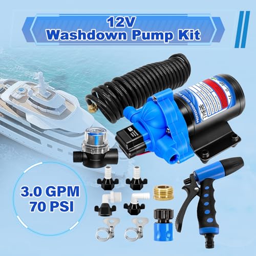 Image of 3.0 GPM 70 PSI Washdown Deck Wash Pump Kit, 12V Washdown Pump Kit with Strainer and Pressure Switch for RV,Boat,Sprayer,Travel Trailers,and Yacht TRWP1-030-070-33