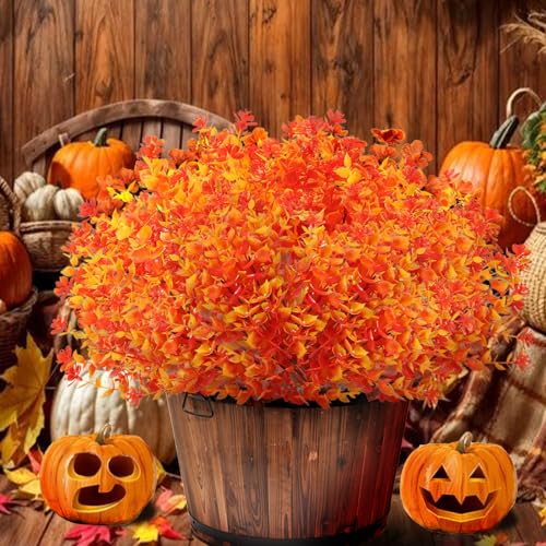 Satefello Artificial Fall Flowers for Outdoors, 10 Bundles Faux Flower UV Resistant Fall Fake Mums Plants for Outside Halloween Christmas Porch Decoration Fall Decor(Orange(Eucalyptus)) - image 4