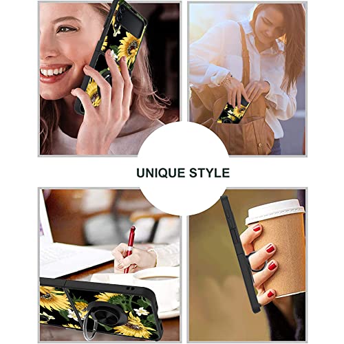 Fiyart Samsung Galaxy Z Flip4 5G Case - Sunflowers Design, Ring Holder, Kickstand, Women & Girls Phone Cover #TOP5