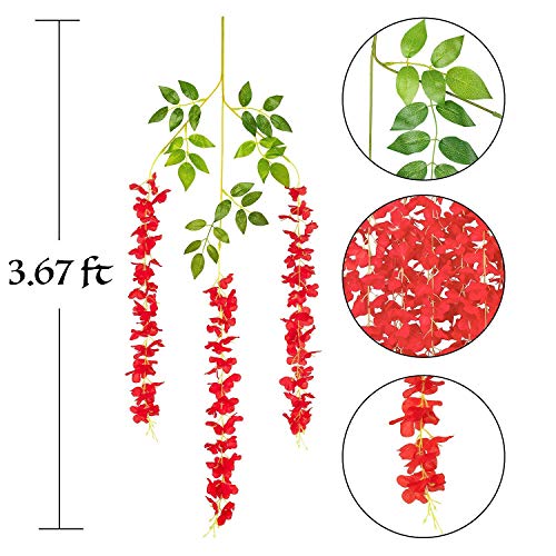 Image of Tia Crafts Polyester Artificial Hanging Flowers For Ceiling Balcony | Wisteria Vine | Home Party Decor Garden Outdoor Greenery Office Wall Decoration | Waterproof Washable - 3.7Ft /45 Inch (Red, 6)