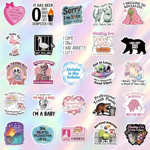 100 PCS Funny Holographic Stickers for Adults, Waterproof Vinyl with Gentle Self-Deprecating Humor, Healing Vibes & Relatable Witty Sayings for Laptop, Water Bottle, Phone, Journal & More, No Repeats — view 2