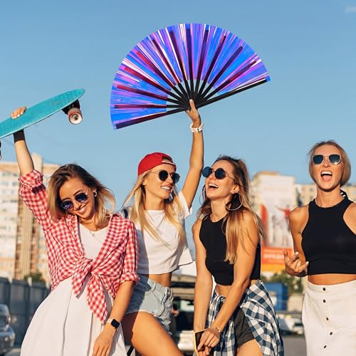 Image of FairySandy Large Rave Fan UV Glow Clack Summer Hand Fan with Thigh Holster for Women Carnival Party Supplies for Carnival Edm Music Festival Club Accessories(Purple Laser,Laser Color)