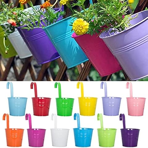 16cm Hanging Plant Pots with Drainage Hole Set of 12, Large Metal Hanging Planters with Detachable Hook Garden Flower Vase Bucket Indoor/Outdoor for Balcony Railing Fence Home Decor Cover