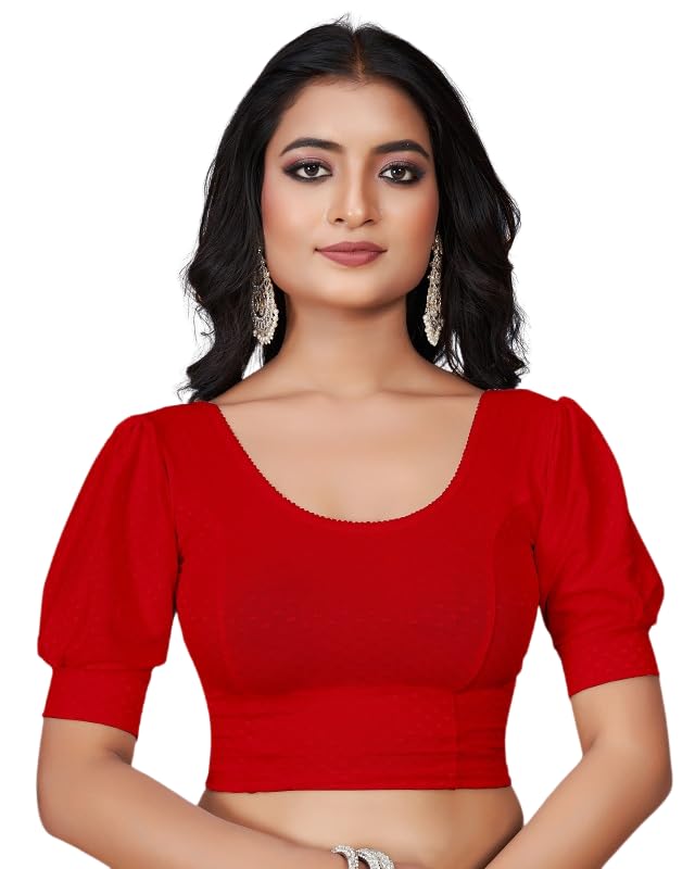 KASHIKAY CREATIONRound Neck Dobby Cotton Lycra Stretchable Stylish Puff Sleeve Readymade Blouse for Women