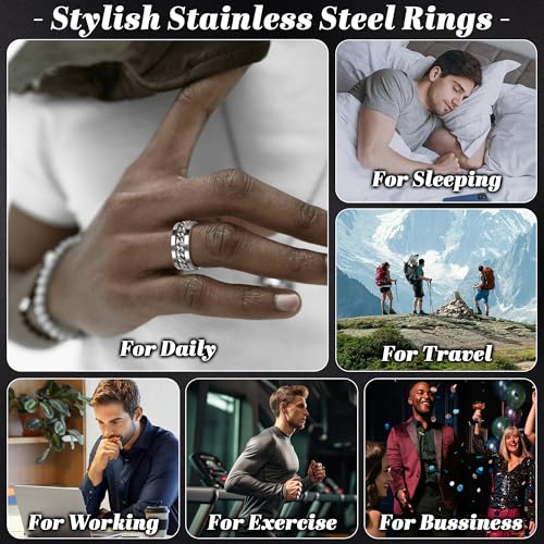 16PCS Silver Stainless Steel Rings Set for Men 8MM Spinning Cuban Link Chain Band Rings Square Signet Hammered Roman Numeral Silver Rings Engagement Wedding Promise Rings Set Size7-13 - Image 6