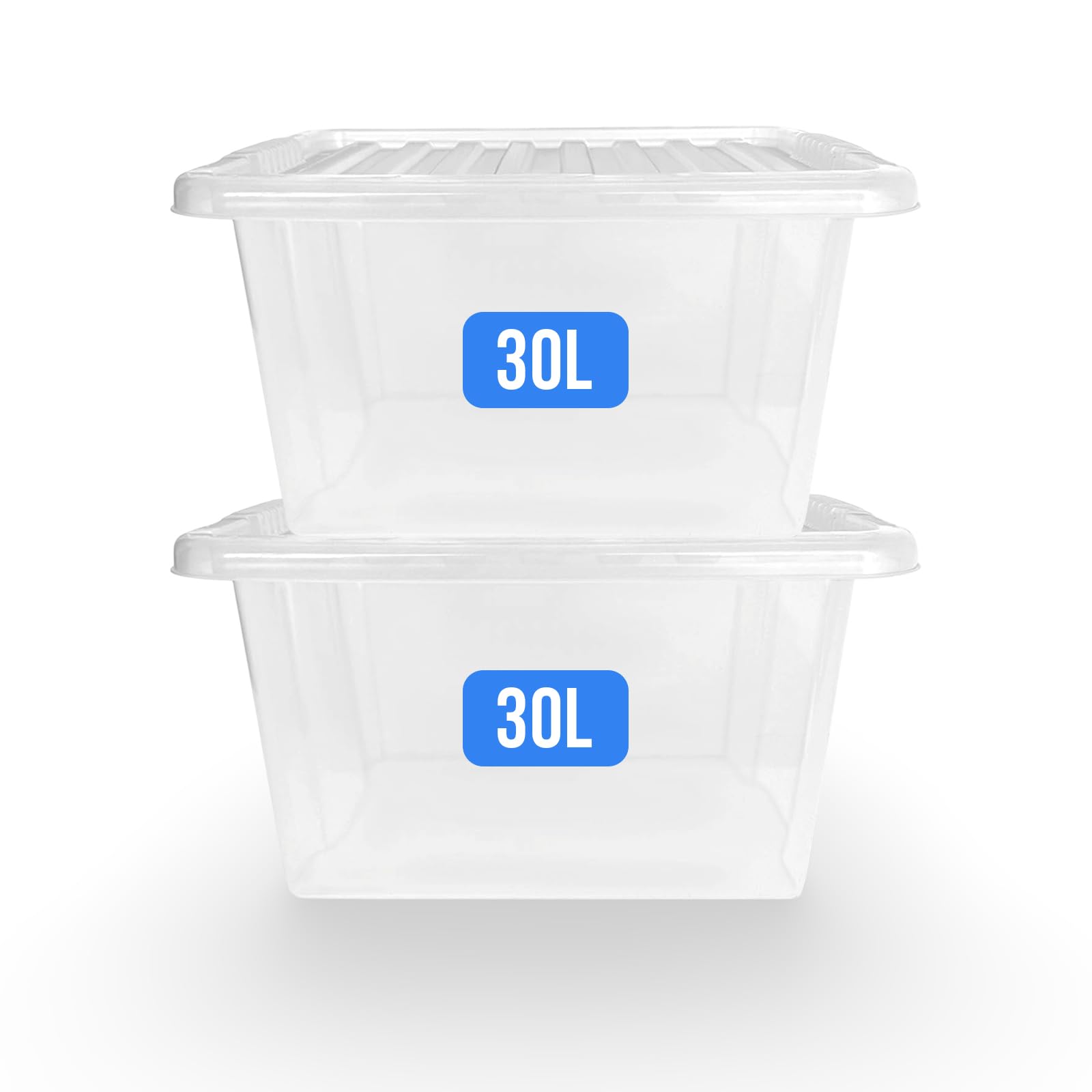 KAPCO Plastic Box Storage Set of 2 – Clear 30 Litre Boxes with Lids | Strong Stackable Containers for Pantry Items, Clothes, Shoes, Tools, Toys | Multipurpose Storage Tubs for Kitchen, Office & Garage