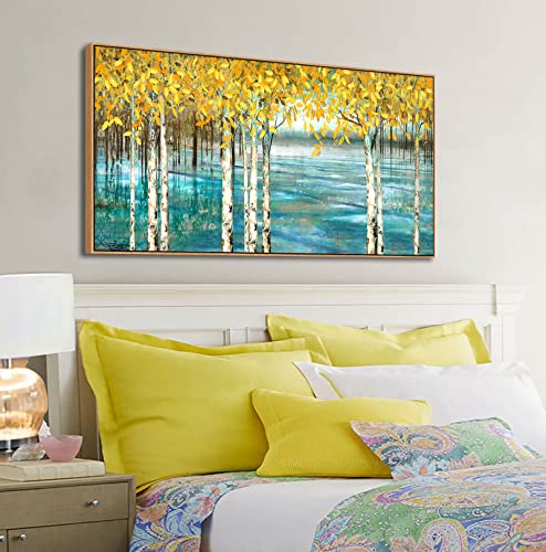Large-Living-Room-Wall-Decor-Abstract-Canvas-Wall-Art-Yellow-Trees-White-Birch-Green-Lake-Landscape-Painting-Picture-Giclee-Bedroom-Wall-Decoration-Ready-to-Hang-24x48-Attached-Peripheral-Frame