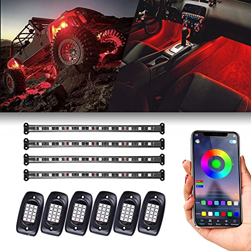Morefulls LED Rock Lights and RGB Interior Light Combine Kit- Multicolor Exterior and Interior Light Music Neon 6 Pods and 4 Strip for Truck Car UTV ATV Jeep 4X4