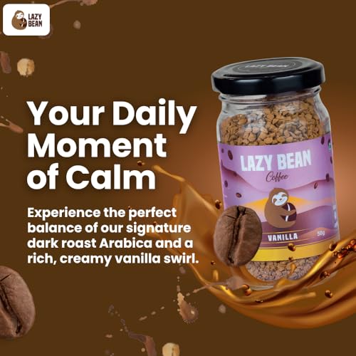 Image of Lazy Bean Vanilla Flavoured - Premium Instant Coffee Powder 50 g | Strong Black Coffee, Rich Aroma, Quick-Dissolving Granules | Ready in Seconds for Hot or Iced Brews at Home, Office, Travel