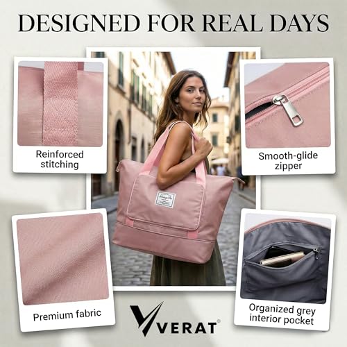 Image of Nylon 41L Expandable Travel Bag for Women, Foldable Waterproof Duffle Bag, Lightweight Carry-On Luggage with Wet Pocket, Vanity Handbag for Travel & Gym (Pink, 41 Liter)
