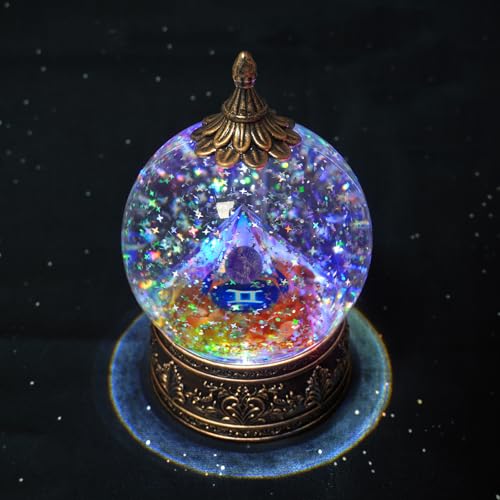 12 Zodiac Signs Gemini Crystal Pyramid Globe with Red Agate Healing Stones and Glitter, Pyramid for Positive Energy, Lucky, Handmade Zodiac Themed Gifts for Its Lovers, Birthday Gifts (Gemini)