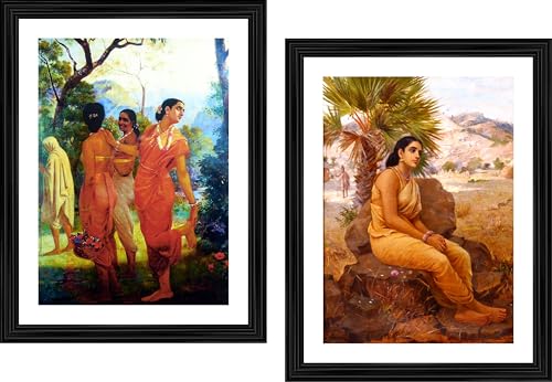Image of Adventures *Shakuntala & her Companions*- Two Paintings by Raja Ravi Varma, Set of 2 Wall Decor Frames. Matt Satin Print with MDF & 1 inchPS Black Frame. Size 14 inchx18 inch each.