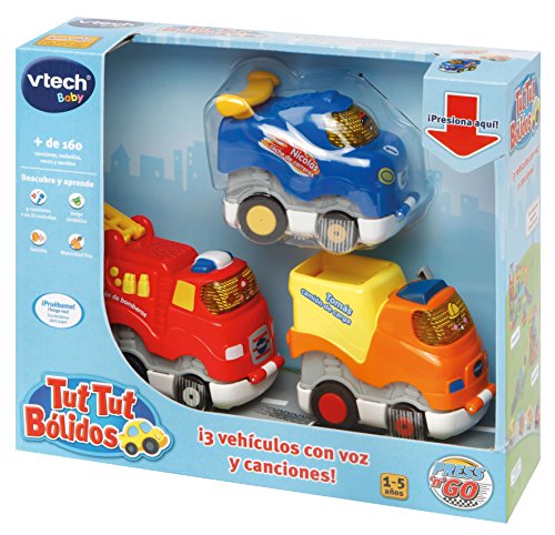 VTech Press \u0026 Go, 3 coches interactivos que incorporan melodías y canciones, compatibles con el resto de set de la… - Pequejuguetes