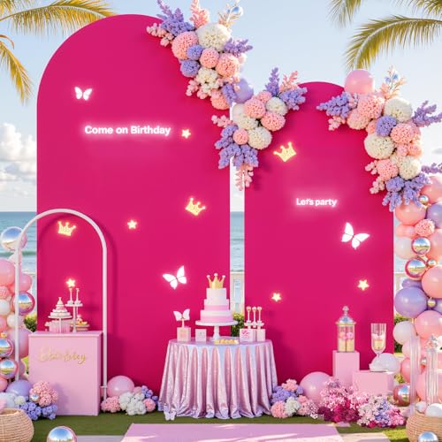Image of Pink and Hot Pink Photo Arch Backdrop Cover Set of 2 Spandex 7.2 and 6ft Arch Covers Stretchy Backdrop Birthday Party Arch Stand Covers for Girls Baby Shower Wedding Banquet Background Decoration
