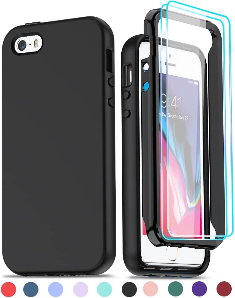 LeYi for iPhone 5S Case, iPhone 5 Case, iPhone SE 2016 Case with [2X Tempered Glass Screen Protector], 360 Full-Body Shockproof Soft Silicone Protective Phone Case for iPhone 5/5S/SE 2016, Black