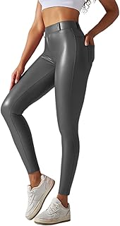 Generisch Pantalones cortos de chándal de piel sintética con bolsillo, compresión de cintura, pantalones de yoga moldeadores corporales con cintura alta, leggings con purpurina rojo