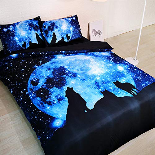 Meet 400 Hilos Juego De Ropa De Cama 100% Algodón Luna Azul Y Lobo,Adatto A Bambini E Giovani 3 Piezas (1 Funda Nórdica + 2 Fundas De Almohada 50x75cm) ((150x200cm+2/75x50cm) - Cama de 90)