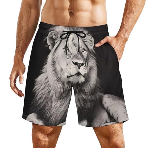 Black and White Liones Mens Swim Trunks with Quick-Drying Lining Beach Shorts for Outdoor Sports
