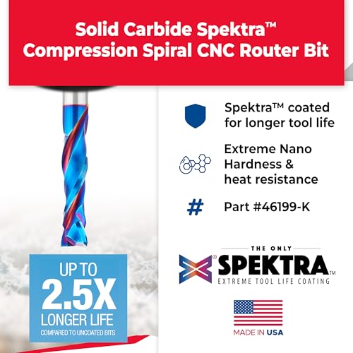 Image of Amana Tool Spektra Extreme Tool Life Coated Solid Carbide CNC Compression Spiral Router Bit, 46199-K, 1 /2 D x 2 CH x 1 /2 Shank x 4 Inch Long