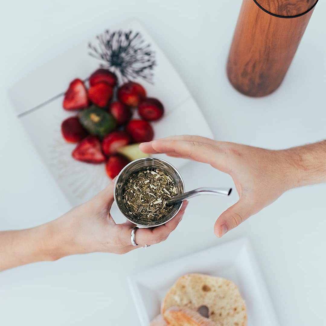 Kalmateh Yerba Mate Small Zucca Set di 2 tazze Mate include 2 Bombillas e una spazzola per la pulizia, doppia parete in acciaio inox 18/8 (legno, 141,7 g)