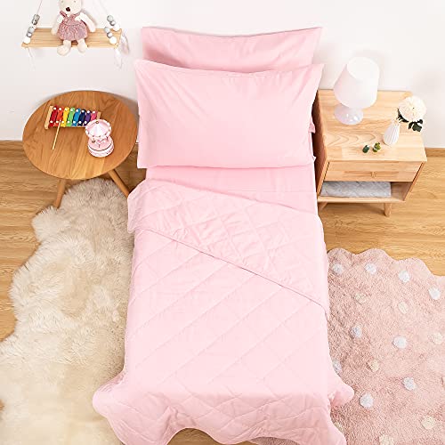 Image of TILLYOU 5-Piece Solid Toddler Bedding Set for Boys or Girls, Bed-in-a-Bag Microfiber Comforter Set, Includes 1 Top Flat Sheet, 1 Mattress Sheets, 1 Padded Quilt and 2 Envelope Pillowcases, Pink