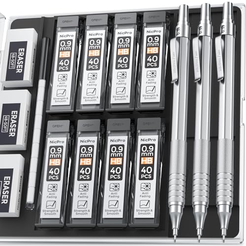 Nicpro 0.9 mm Metal Mechanical Pencil Set with Case, with 3PCS MP1000 0.9mm Drafting Pencil, 8 Tubes HB Lead Refills, 3PCS Eraser, Erasers Refills for Artist Writing, Drawing, Sketching, Silver