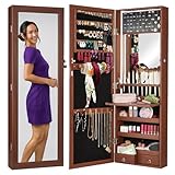 Best Choice Products LED Mirror Jewelry Cabinet, Tall Lockable Wall or Door Mounted Jewelry Armoire Organizer with Mirror, 2 Drawers, Lock, Cosmetic Tray, Shelves - Walnut