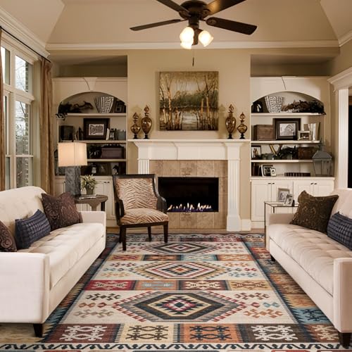 TALETA Teppich Wohnzimmer waschbar rutschfest, Kurzflor Schlafzimmer Teppich, Vintage Kelim Stil, Groß:190 x 280 cm, braun