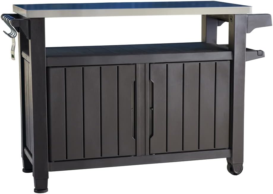 Keter Unity XL BBQ Side Table, Dimensions 134 x 51.7 x 89.6 cm, Grey, Weatherproof, Stainless Steel Worktop, Outdoor Sideboard, Perfect for Grilling in Spring