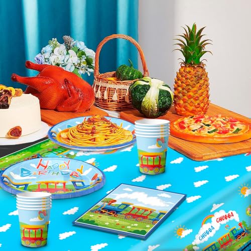 Zug Geburtstag Party Supplies Geschirr Set,16 Gäste Partygeschirr KinderGeburtstag, Zug Geburtstag Teller Servietten Partybecher Tischdecke Zug Banner Etctrain Kindergeburtstag Deko